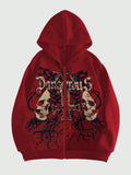 ROMWE MEN Grunge Punk Men's Skull Letter Print Zip Up Hoodie With Long Sleeve, School