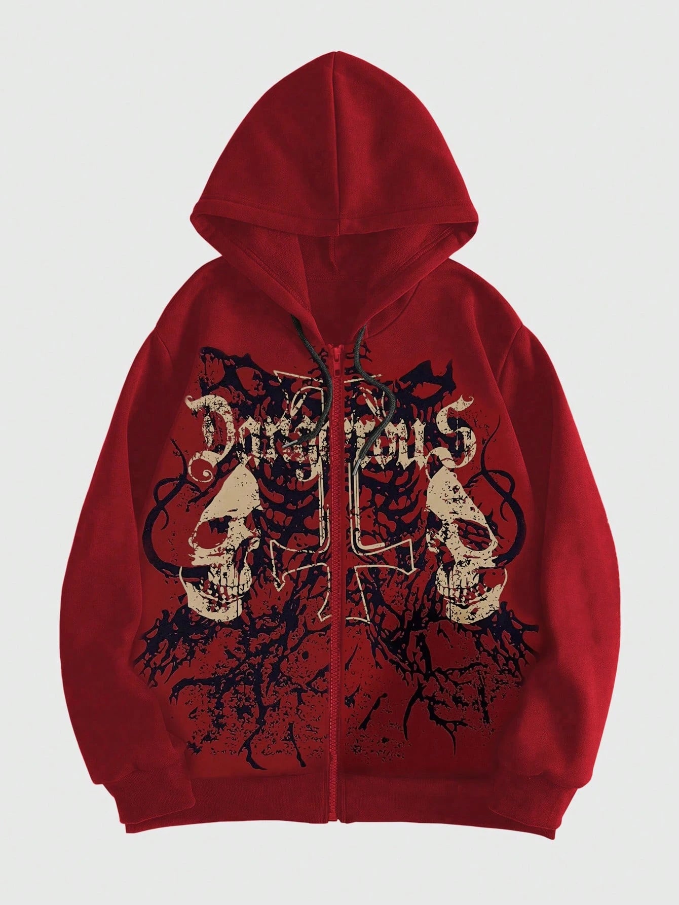 ROMWE MEN Grunge Punk Men's Skull Letter Print Zip Up Hoodie With Long Sleeve, School