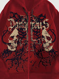 ROMWE MEN Grunge Punk Men's Skull Letter Print Zip Up Hoodie With Long Sleeve, School