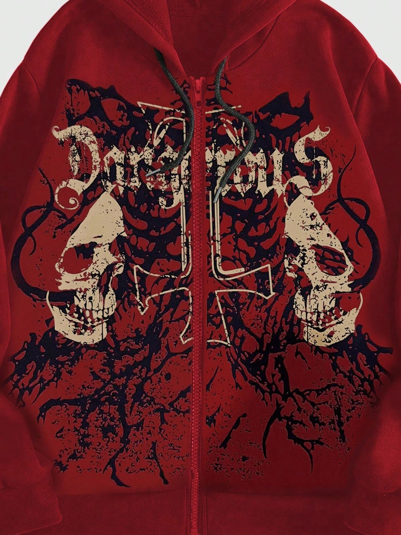 ROMWE MEN Grunge Punk Men's Skull Letter Print Zip Up Hoodie With Long Sleeve, School