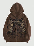 ROMWE MEN Grunge Punk Men's Skull Letter Print Zip Up Hoodie With Long Sleeve, School
