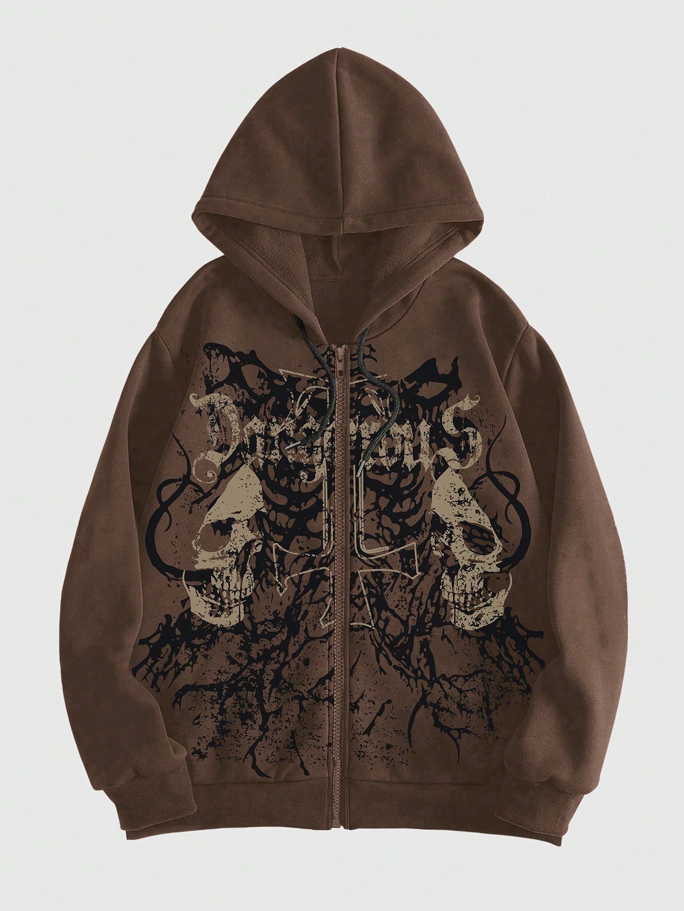 ROMWE MEN Grunge Punk Men's Skull Letter Print Zip Up Hoodie With Long Sleeve, School