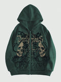 ROMWE MEN Grunge Punk Men's Skull Letter Print Zip Up Hoodie With Long Sleeve, School