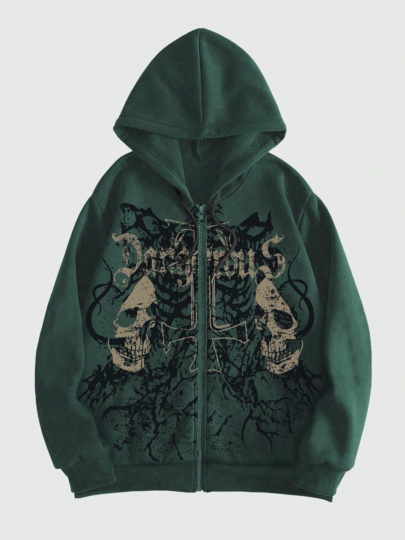 ROMWE MEN Grunge Punk Men's Skull Letter Print Zip Up Hoodie With Long Sleeve, School