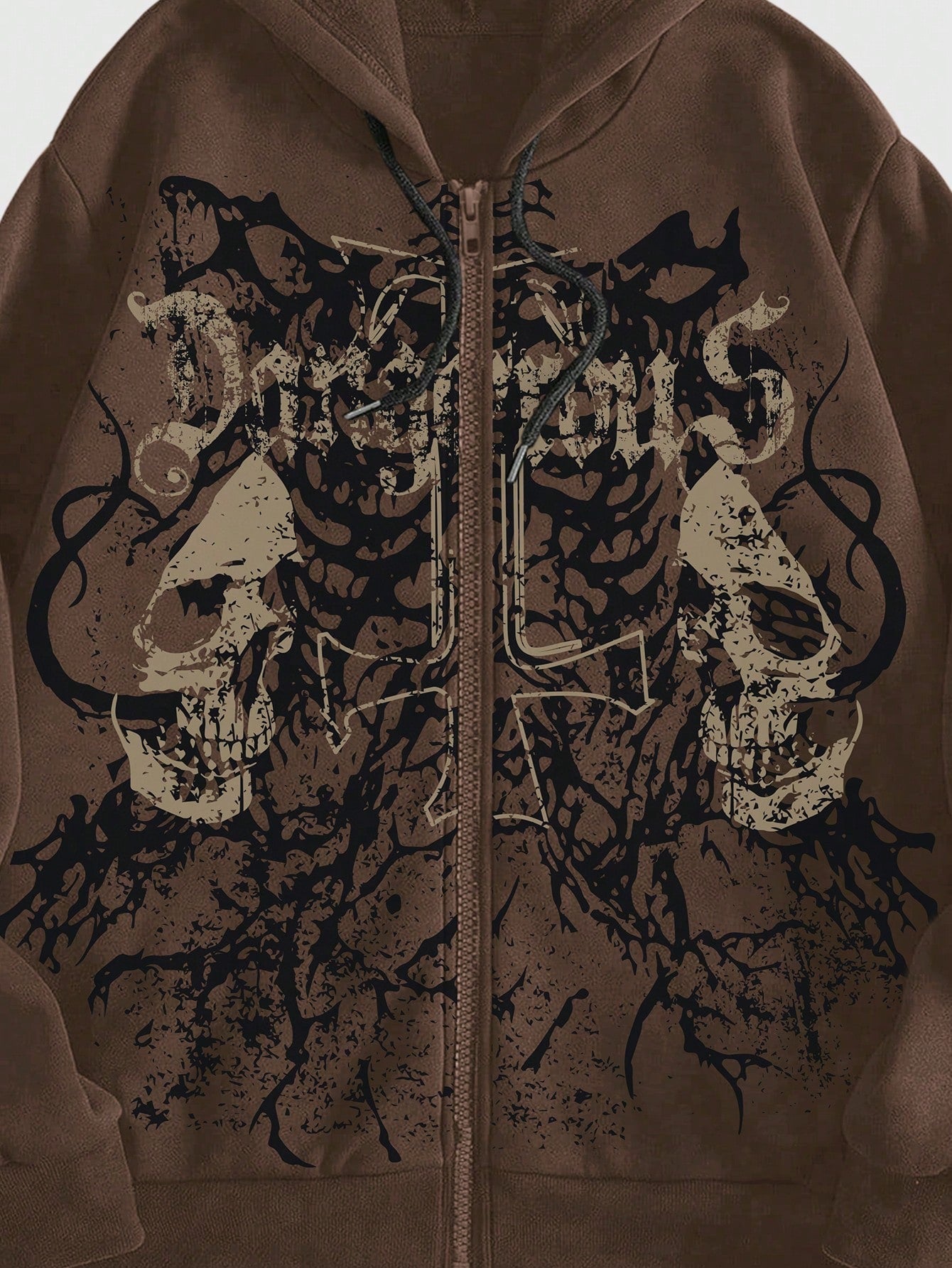 ROMWE MEN Grunge Punk Men's Skull Letter Print Zip Up Hoodie With Long Sleeve, School