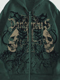 ROMWE MEN Grunge Punk Men's Skull Letter Print Zip Up Hoodie With Long Sleeve, School