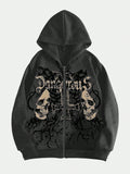 ROMWE MEN Grunge Punk Men's Skull Letter Print Zip Up Hoodie With Long Sleeve, School