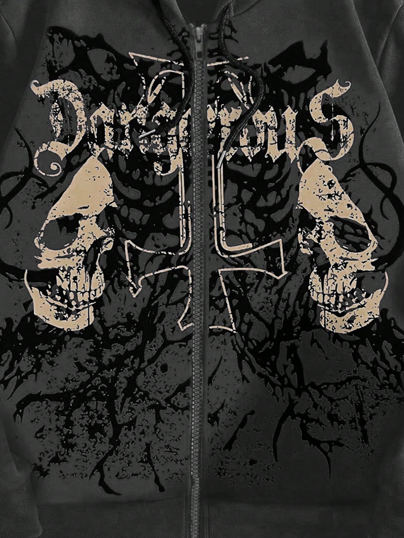 ROMWE MEN Grunge Punk Men's Skull Letter Print Zip Up Hoodie With Long Sleeve, School