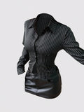 Dulcita Fashionable Contrast Color Textured Button Fitted Waist Flattering Striped Collar Long Sleeve Blouse For Women
