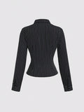 Dulcita Fashionable Contrast Color Textured Button Fitted Waist Flattering Striped Collar Long Sleeve Blouse For Women