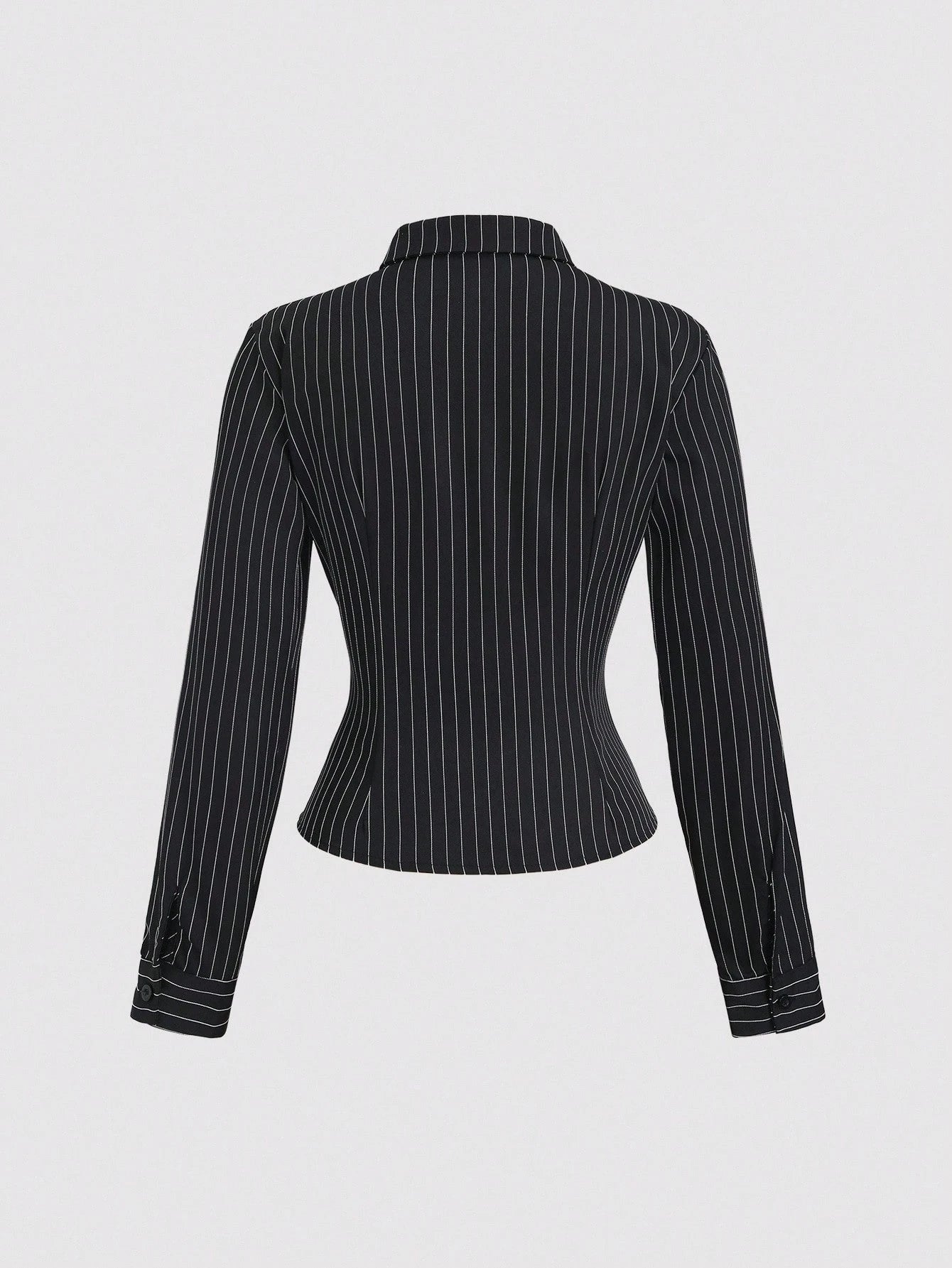 Dulcita Fashionable Contrast Color Textured Button Fitted Waist Flattering Striped Collar Long Sleeve Blouse For Women