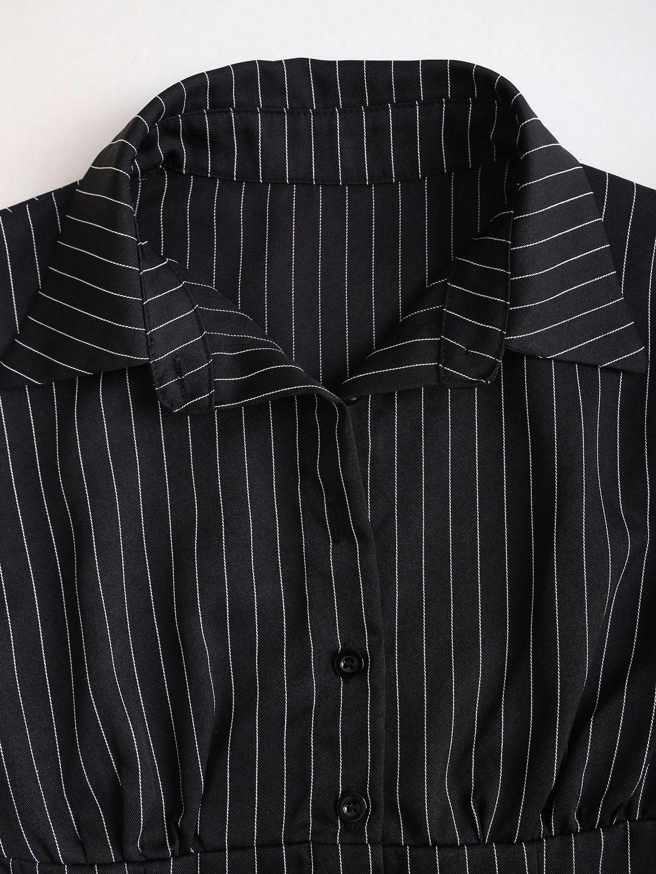 Dulcita Fashionable Contrast Color Textured Button Fitted Waist Flattering Striped Collar Long Sleeve Blouse For Women