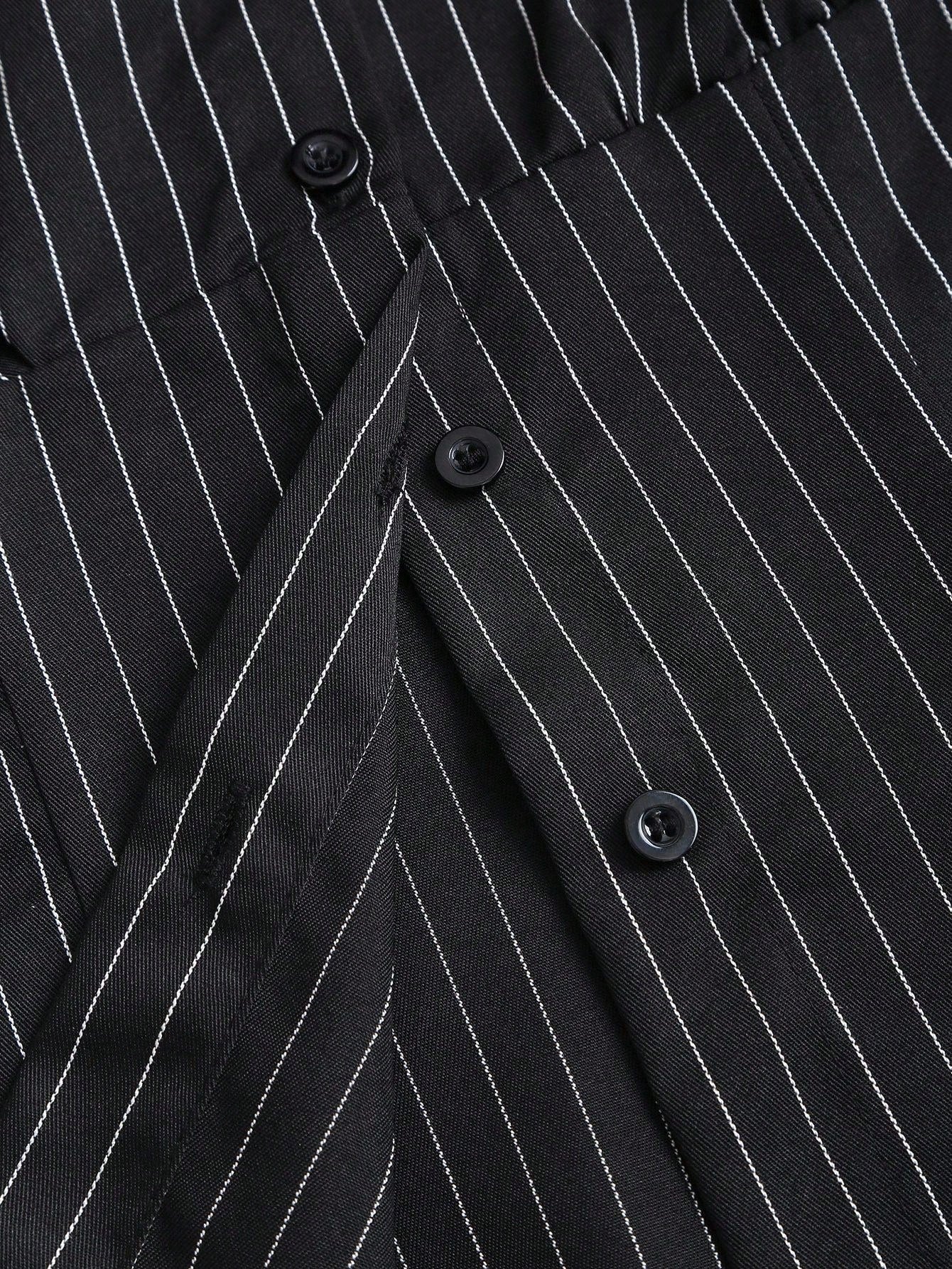 Dulcita Fashionable Contrast Color Textured Button Fitted Waist Flattering Striped Collar Long Sleeve Blouse For Women