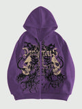 ROMWE MEN Grunge Punk Men's Skull Letter Print Zip Up Hoodie With Long Sleeve, School