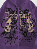 ROMWE MEN Grunge Punk Men's Skull Letter Print Zip Up Hoodie With Long Sleeve, School