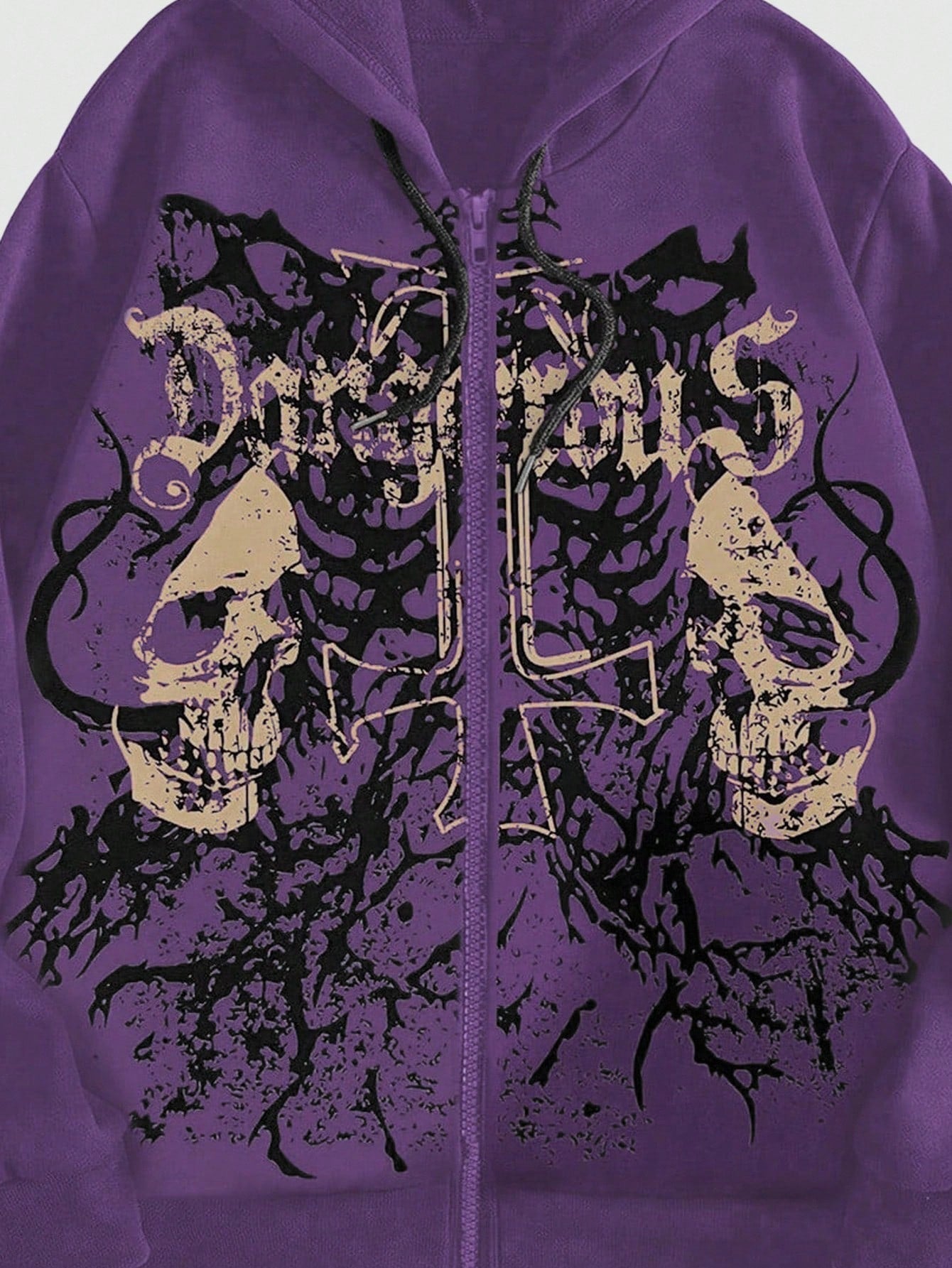 ROMWE MEN Grunge Punk Men's Skull Letter Print Zip Up Hoodie With Long Sleeve, School