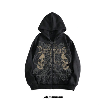 Moire Black Skull Zip Hoodie