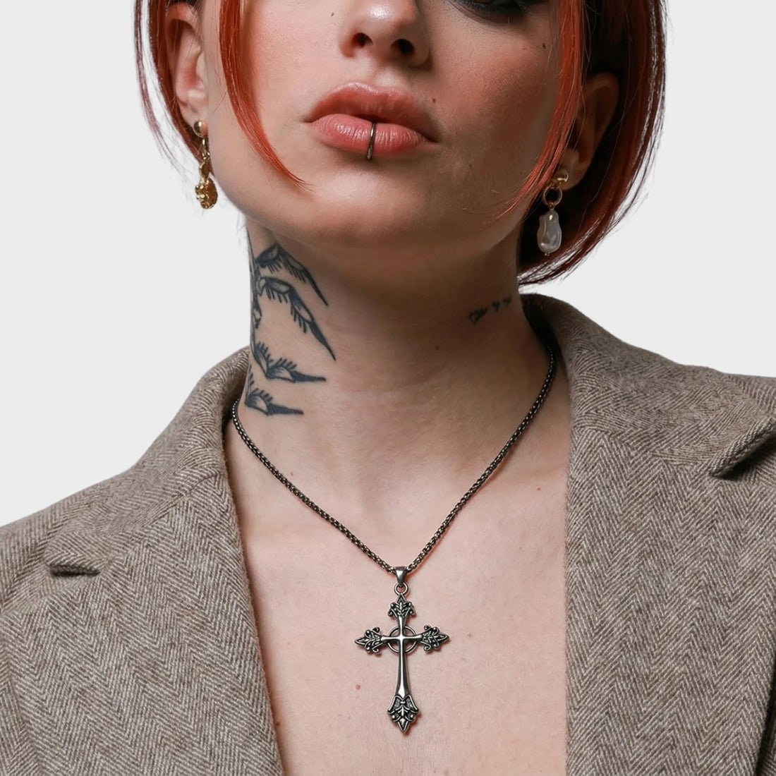 Moire Carved Rose Cross Chain