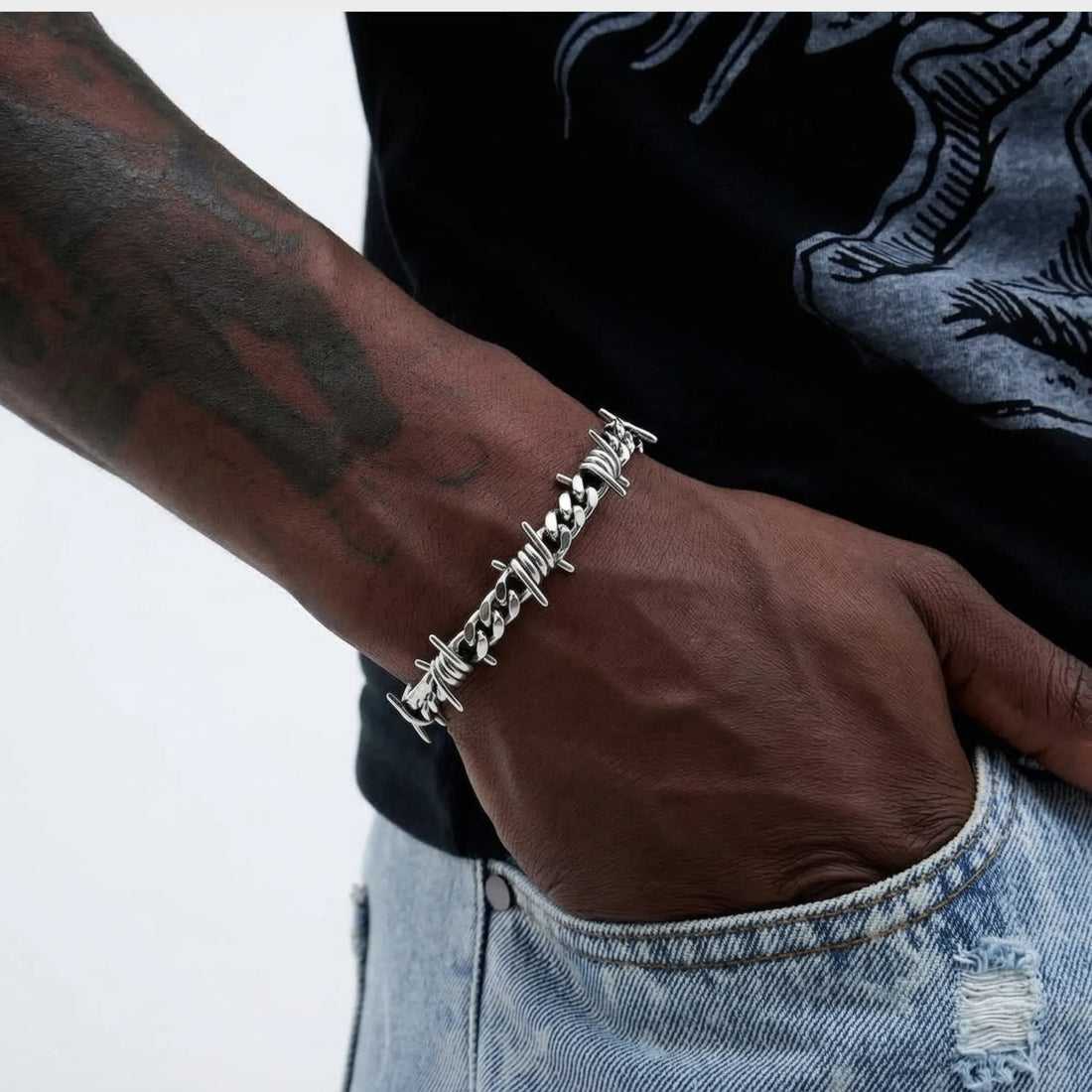 Moire Barbed Wire Cuban Chain Bracelet