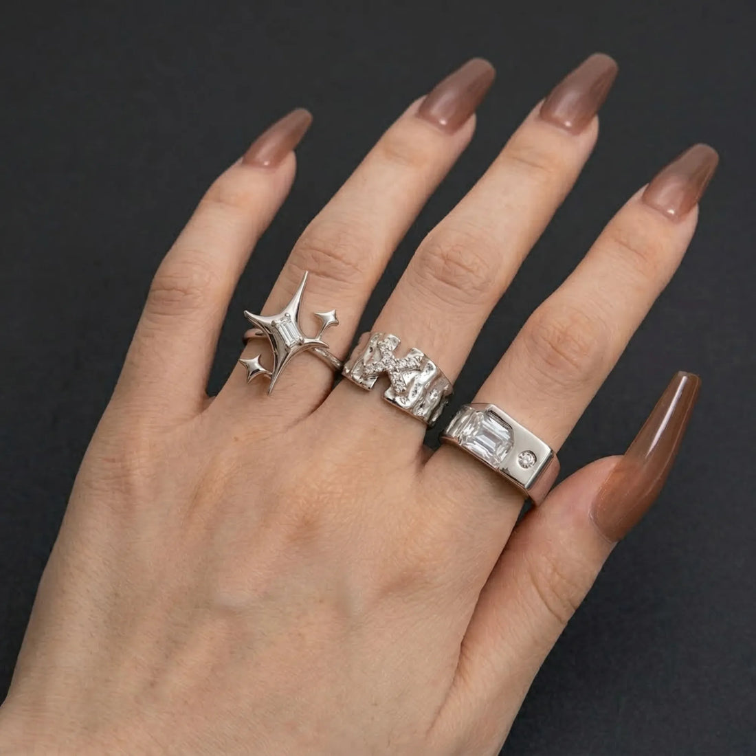 Moire Y2K Star Cross Crystal Ring — Harajuku Glow