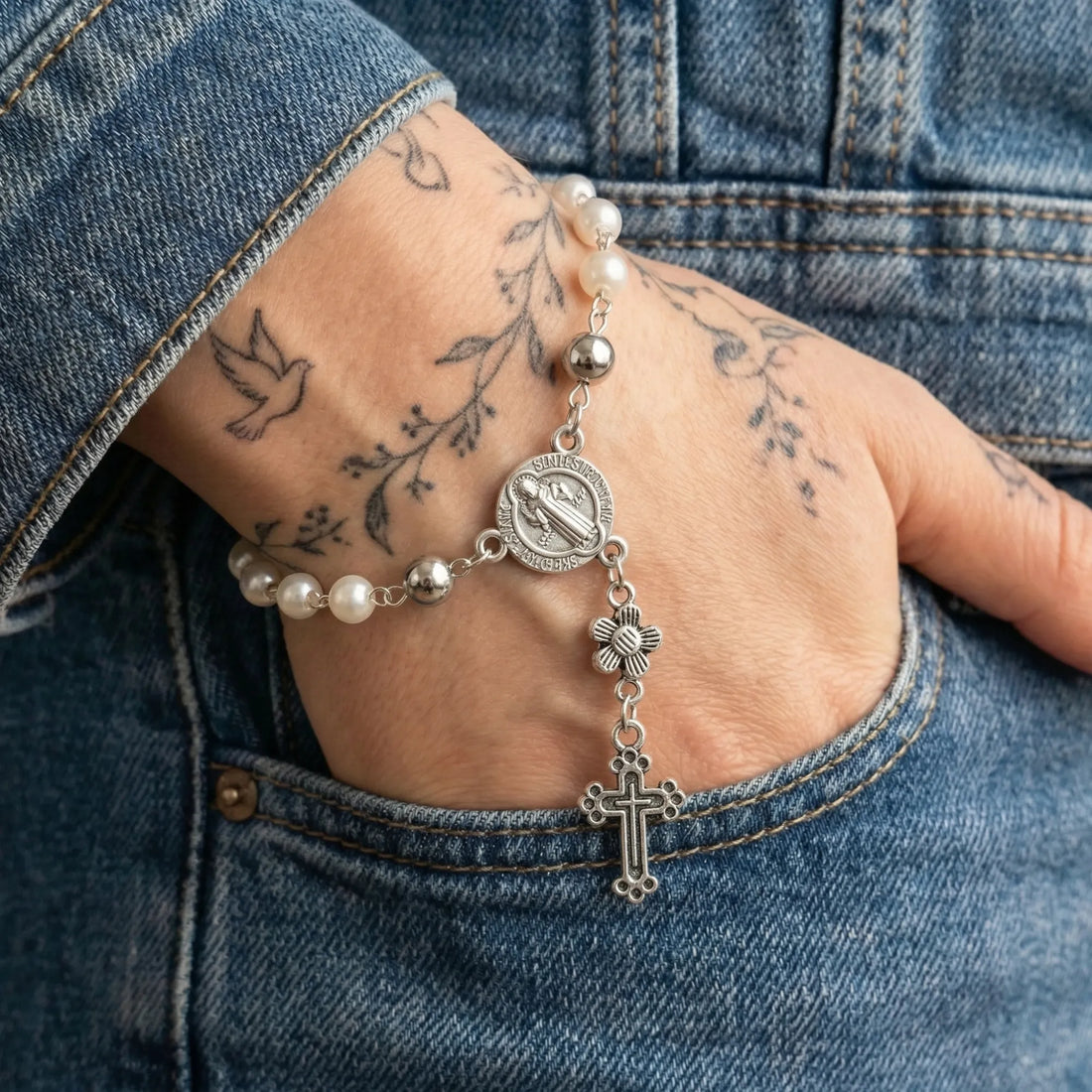 Moire Vintage Cross Prayer Bracelet