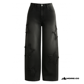 Moire Black Star Wide-Leg Cargo Jeans 