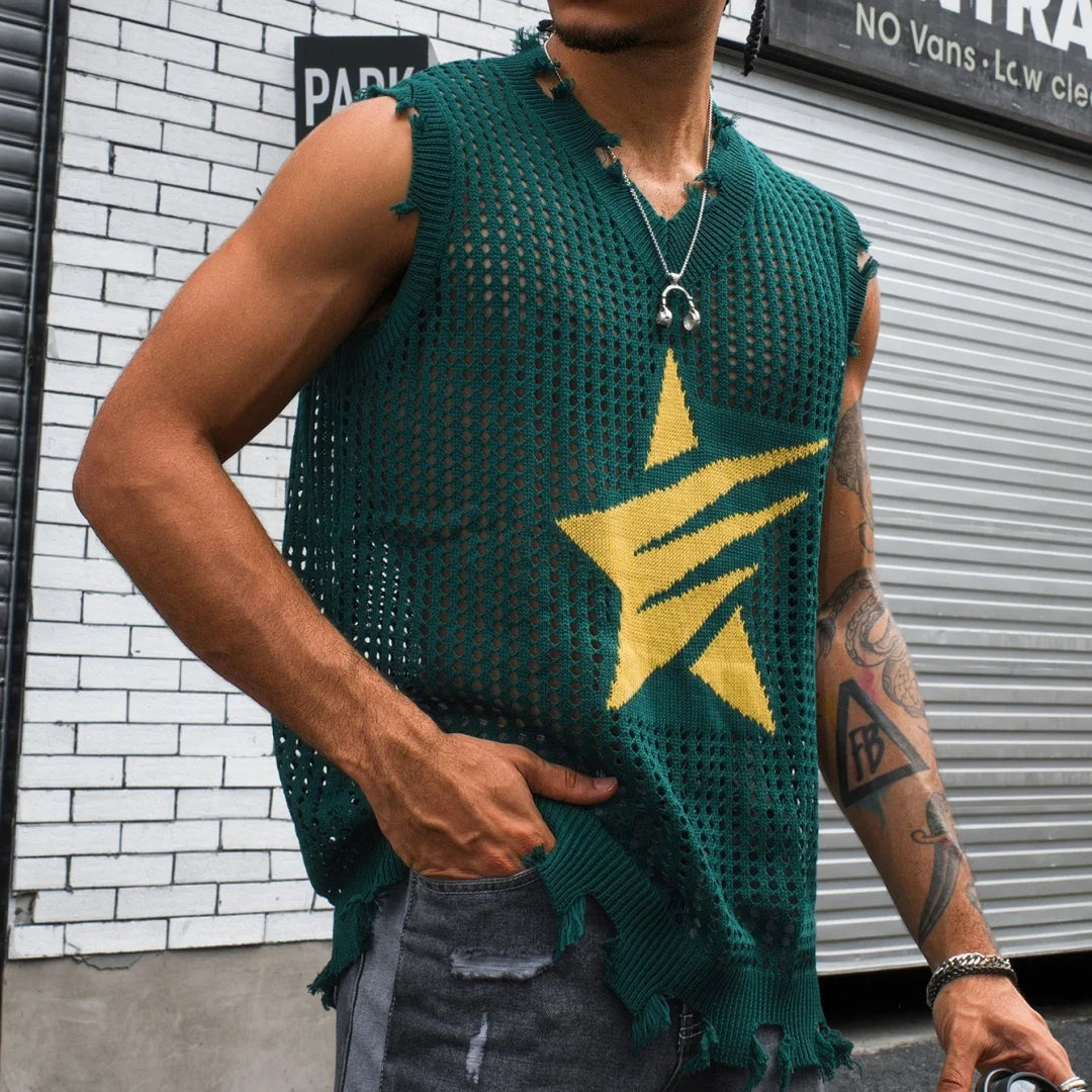 Men's Knitted Vest Summer Fashion Star Pattern Mesh Vest Casual Sleeveless Breathable Woolen Knit Ves Soft Top Men US Size
