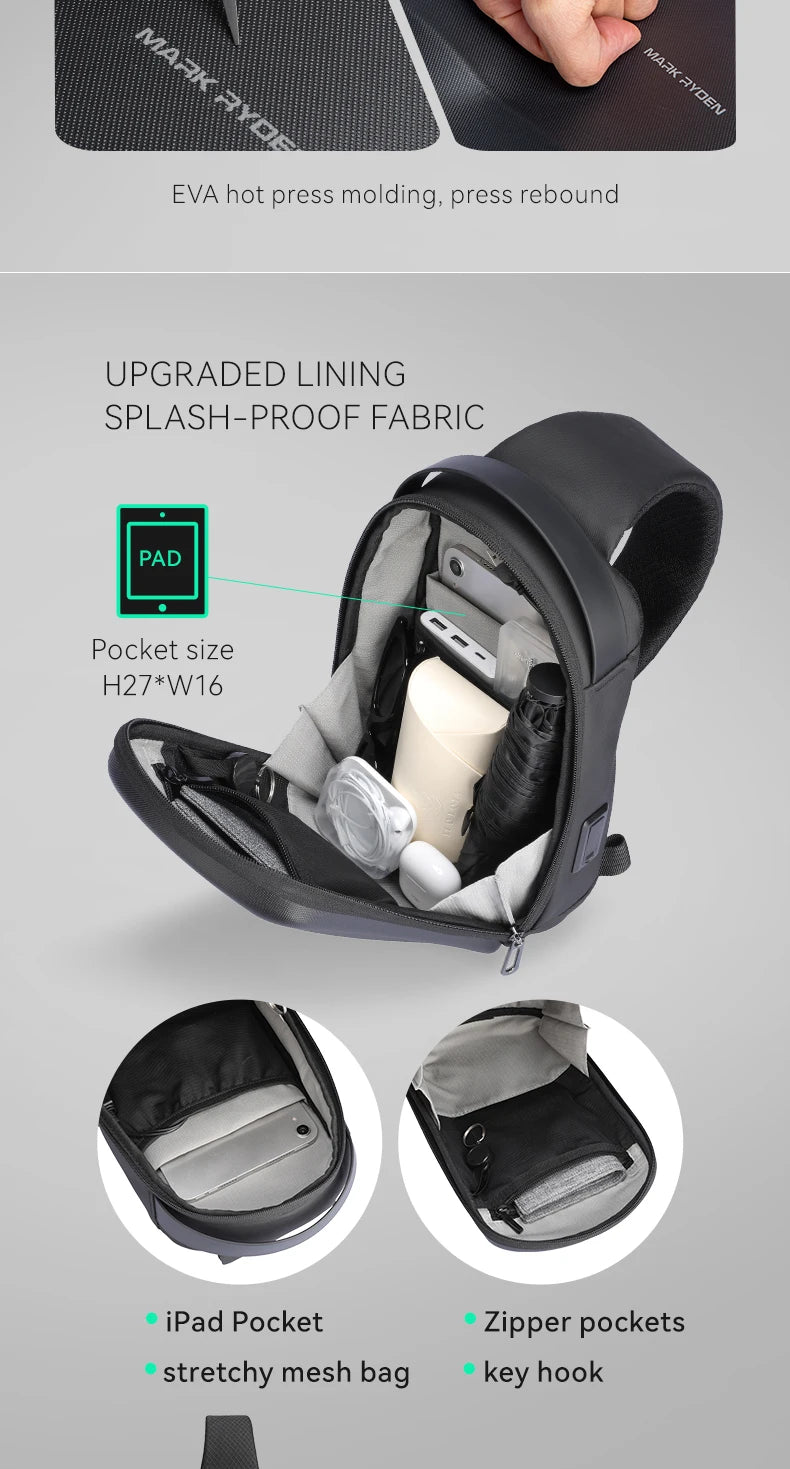 MarkRyden The Ratio Arc Mini:  Hard-shell Waterproof Daily Crossbody Bag USB Port