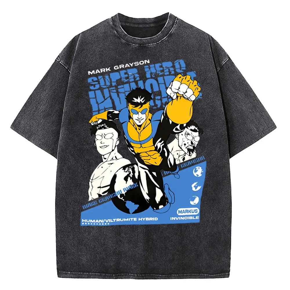 Men Women Invincible Hero Vintage Washed T Shirts High Quality Cotton Clothes Short Sleeve Crew Neck Tee Shirt Summer T-Shirts