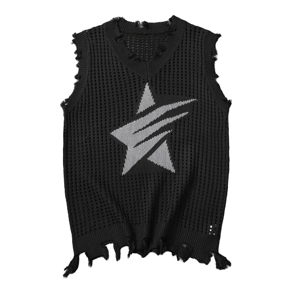 Men's Knitted Vest Summer Fashion Star Pattern Mesh Vest Casual Sleeveless Breathable Woolen Knit Ves Soft Top Men US Size