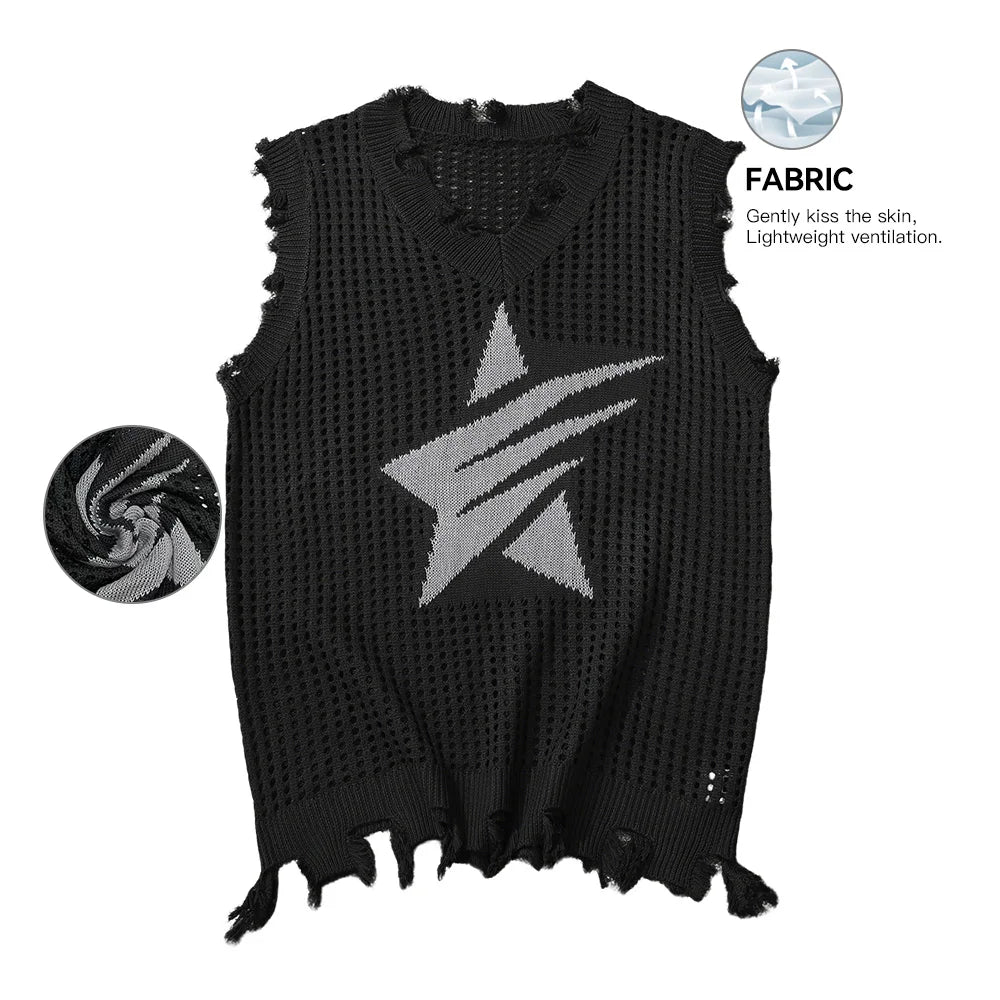 Men's Knitted Vest Summer Fashion Star Pattern Mesh Vest Casual Sleeveless Breathable Woolen Knit Ves Soft Top Men US Size