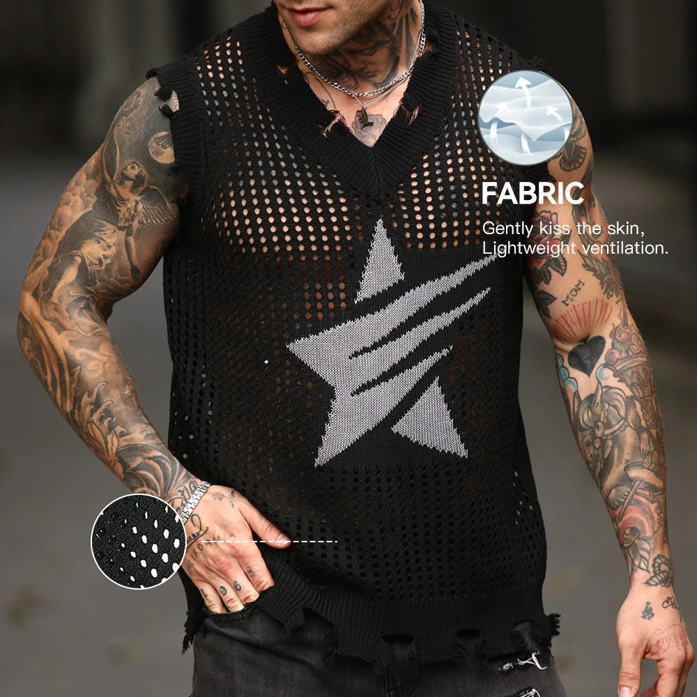 Men's Knitted Vest Summer Fashion Star Pattern Mesh Vest Casual Sleeveless Breathable Woolen Knit Ves Soft Top Men US Size