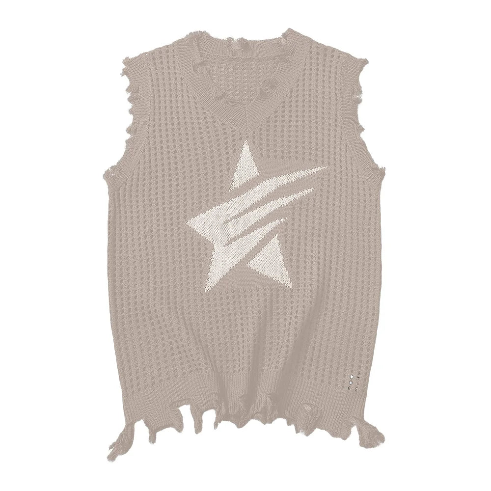 Men's Knitted Vest Summer Fashion Star Pattern Mesh Vest Casual Sleeveless Breathable Woolen Knit Ves Soft Top Men US Size