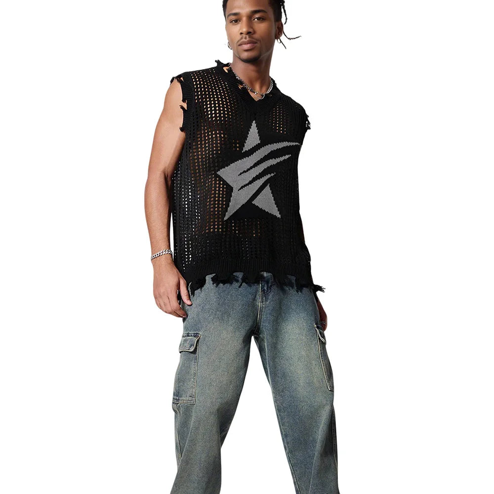 Men's Knitted Vest Summer Fashion Star Pattern Mesh Vest Casual Sleeveless Breathable Woolen Knit Ves Soft Top Men US Size