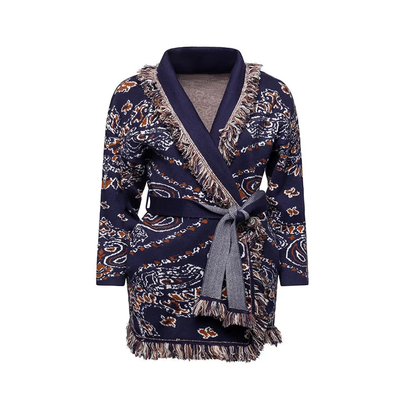 Tassel Patchwork Printed Cardigan Women Geometric Patterns Belts V-neck Long Sleeve Knitted Street Lady Sweater 2025 Autumn Coat