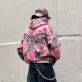 Y2K Retro Zip Up Hoodie Pink Branch Camo Print Pattern Sweatshirt Streetwear Harajuku Trendy Casual Camouflage Unisex Boxy Coat
