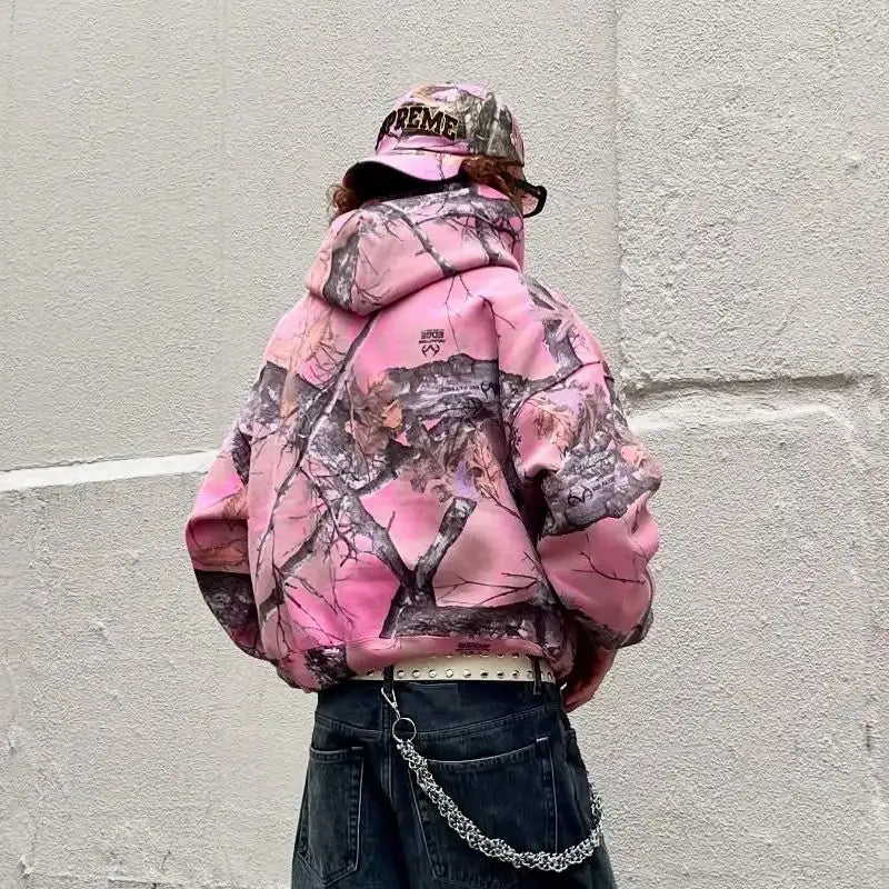 Y2K Retro Zip Up Hoodie Pink Branch Camo Print Pattern Sweatshirt Streetwear Harajuku Trendy Casual Camouflage Unisex Boxy Coat