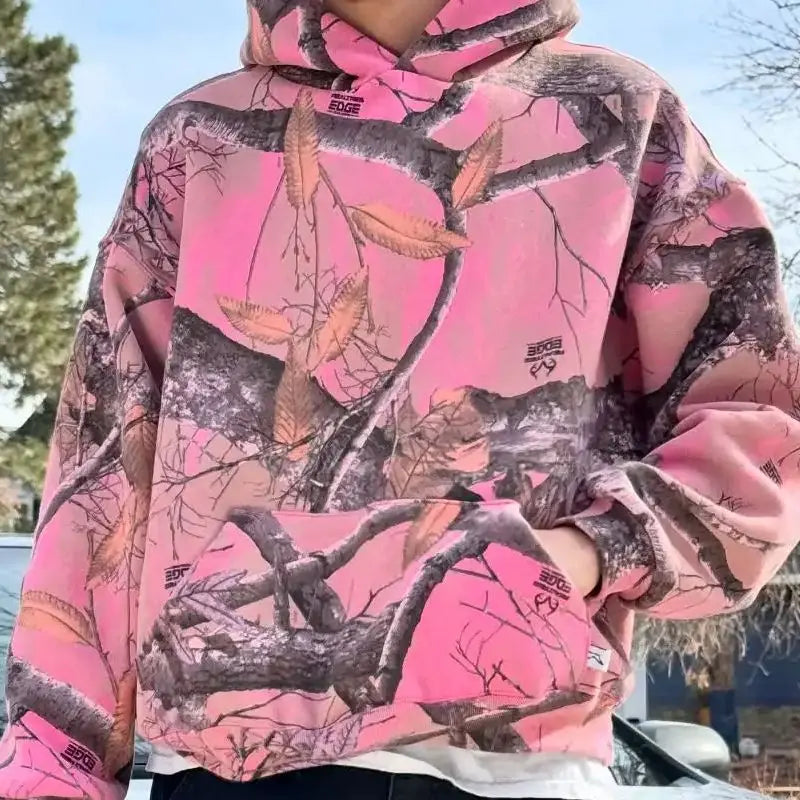 Y2K Retro Zip Up Hoodie Pink Branch Camo Print Pattern Sweatshirt Streetwear Harajuku Trendy Casual Camouflage Unisex Boxy Coat