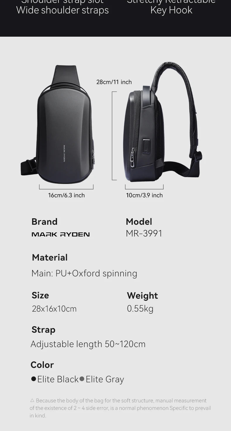 MarkRyden The Ratio Arc Mini:  Hard-shell Waterproof Daily Crossbody Bag USB Port