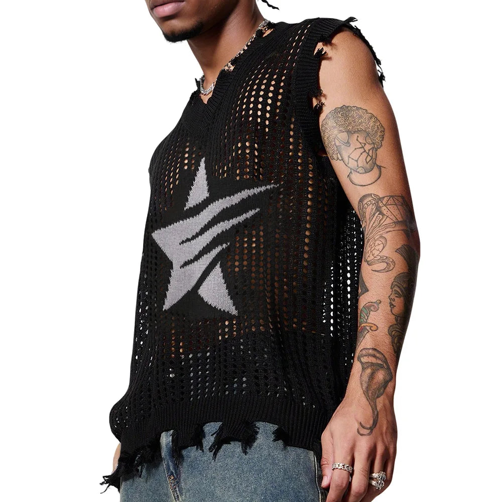 Men's Knitted Vest Summer Fashion Star Pattern Mesh Vest Casual Sleeveless Breathable Woolen Knit Ves Soft Top Men US Size