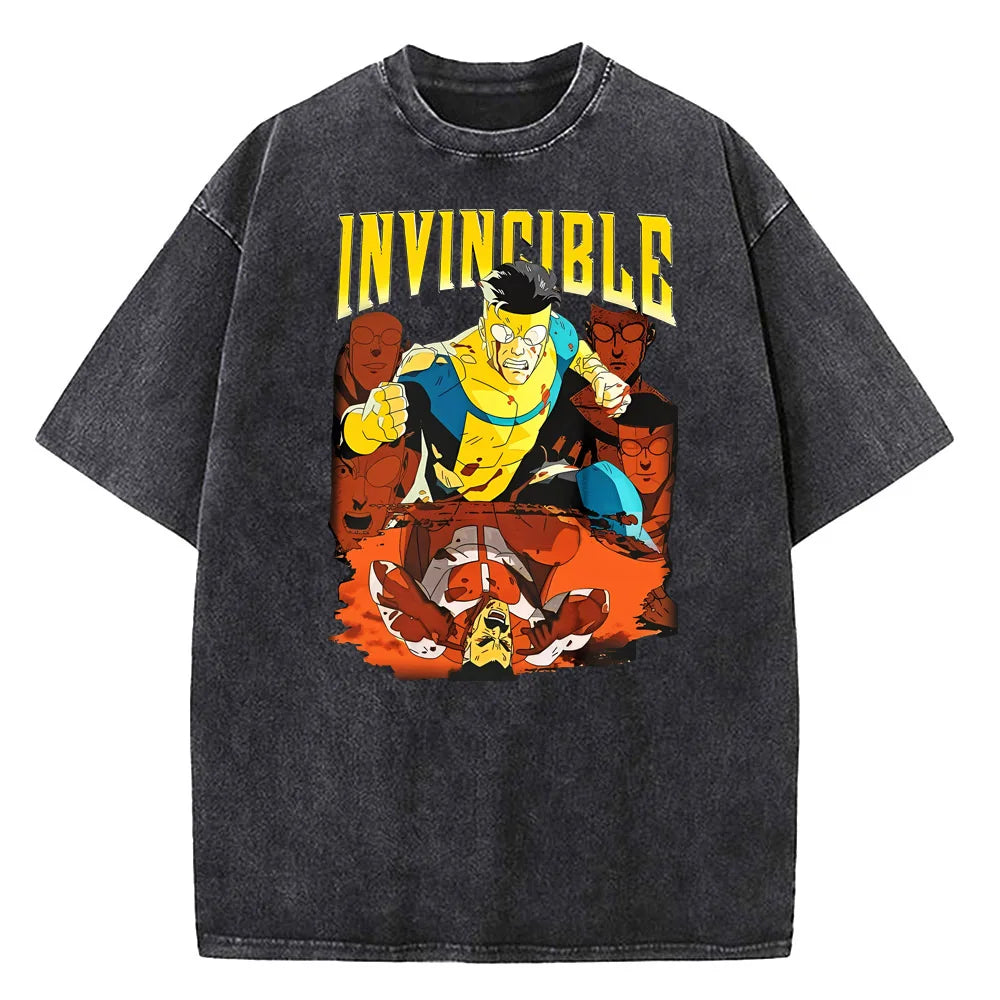 Men Women Invincible Hero Vintage Washed T Shirts High Quality Cotton Clothes Short Sleeve Crew Neck Tee Shirt Summer T-Shirts