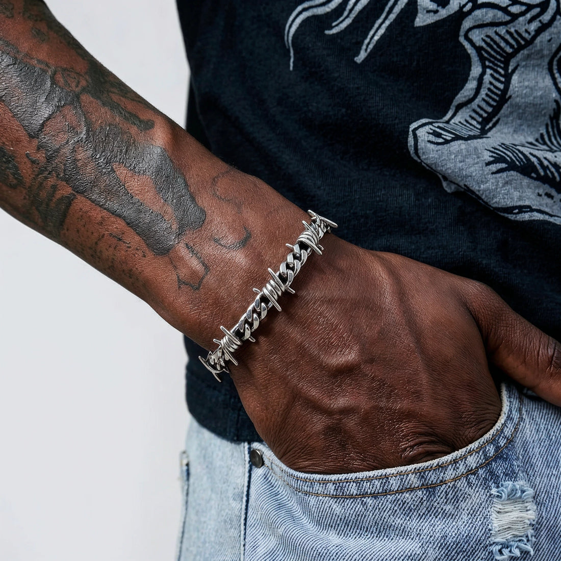Moire Barbed Wire Cuban Chain Bracelet